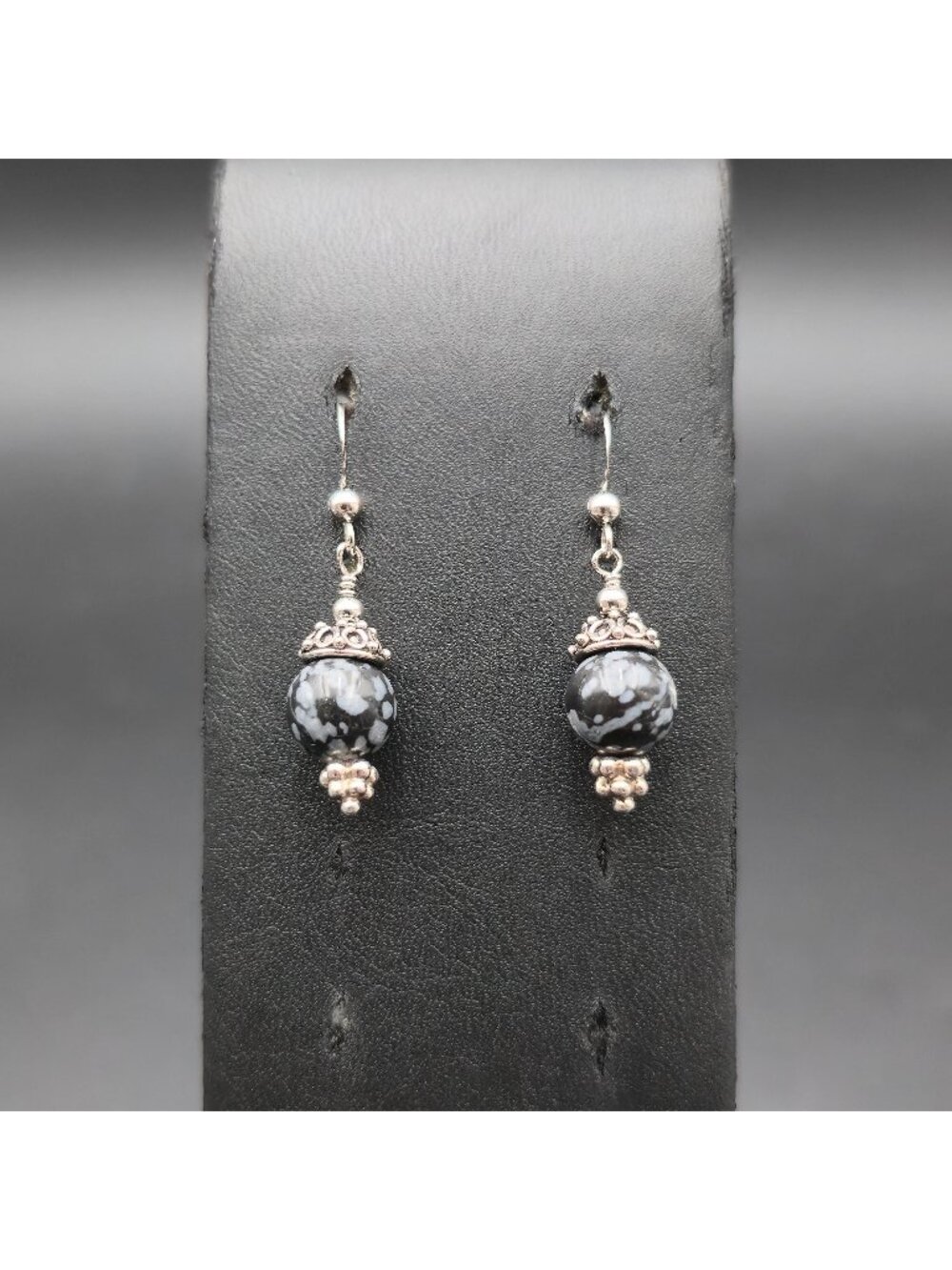 Sterling Silver Snowflake Obsidian Round Bead Dangle Earrings Boho Drop A8721